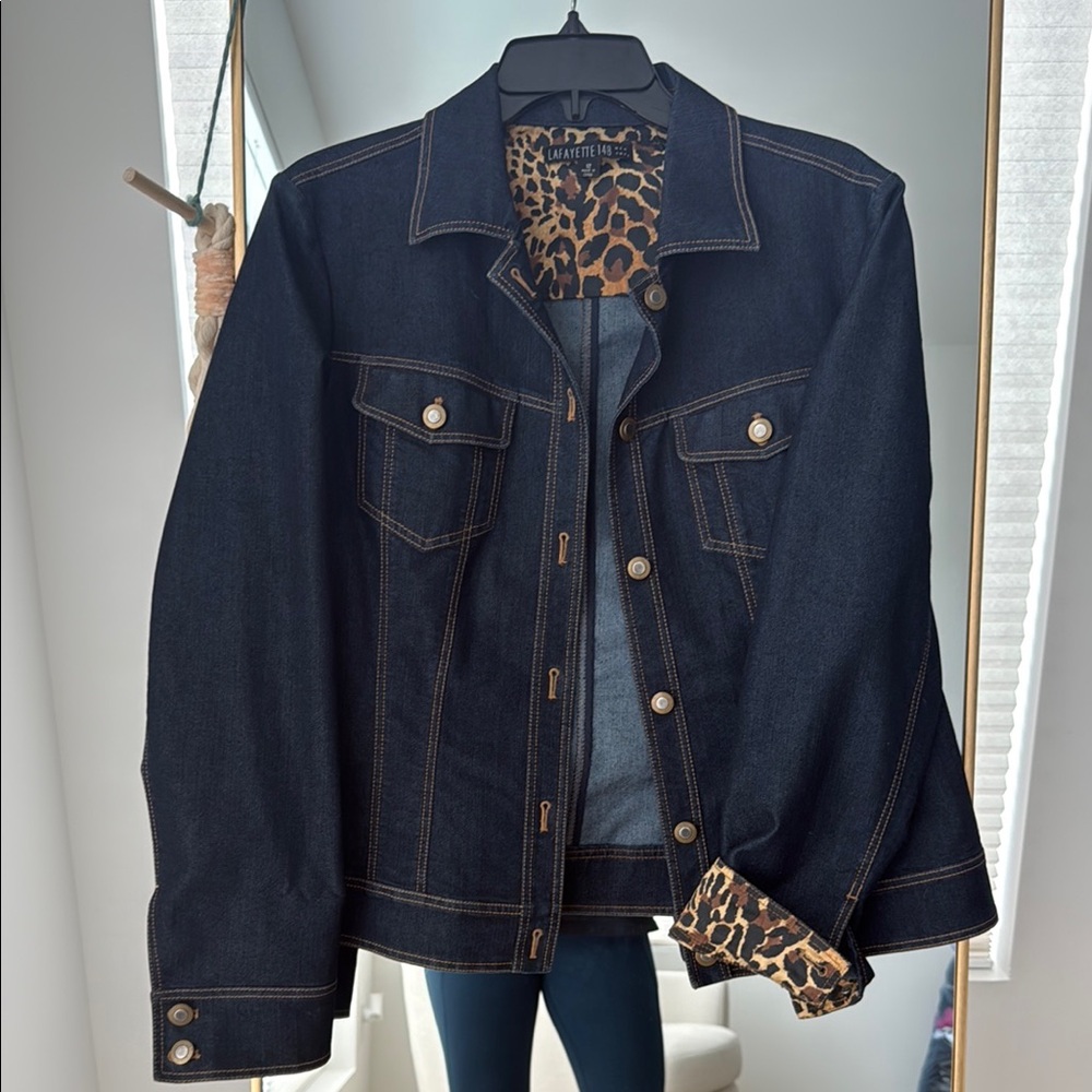 Lafayette 148 New York Dark Blue Jean Jacket with Leopard Lining